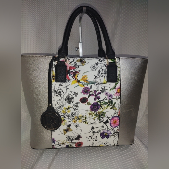 Dasein Floral Silver and Black Women's Tote Bag - Picture 1 of 12